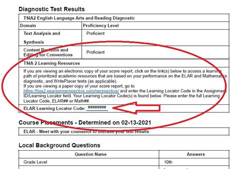 The personalized Learning Locator Code can be found under Diagnostic Test Results in the TSIA 2 Learning Resources section. 